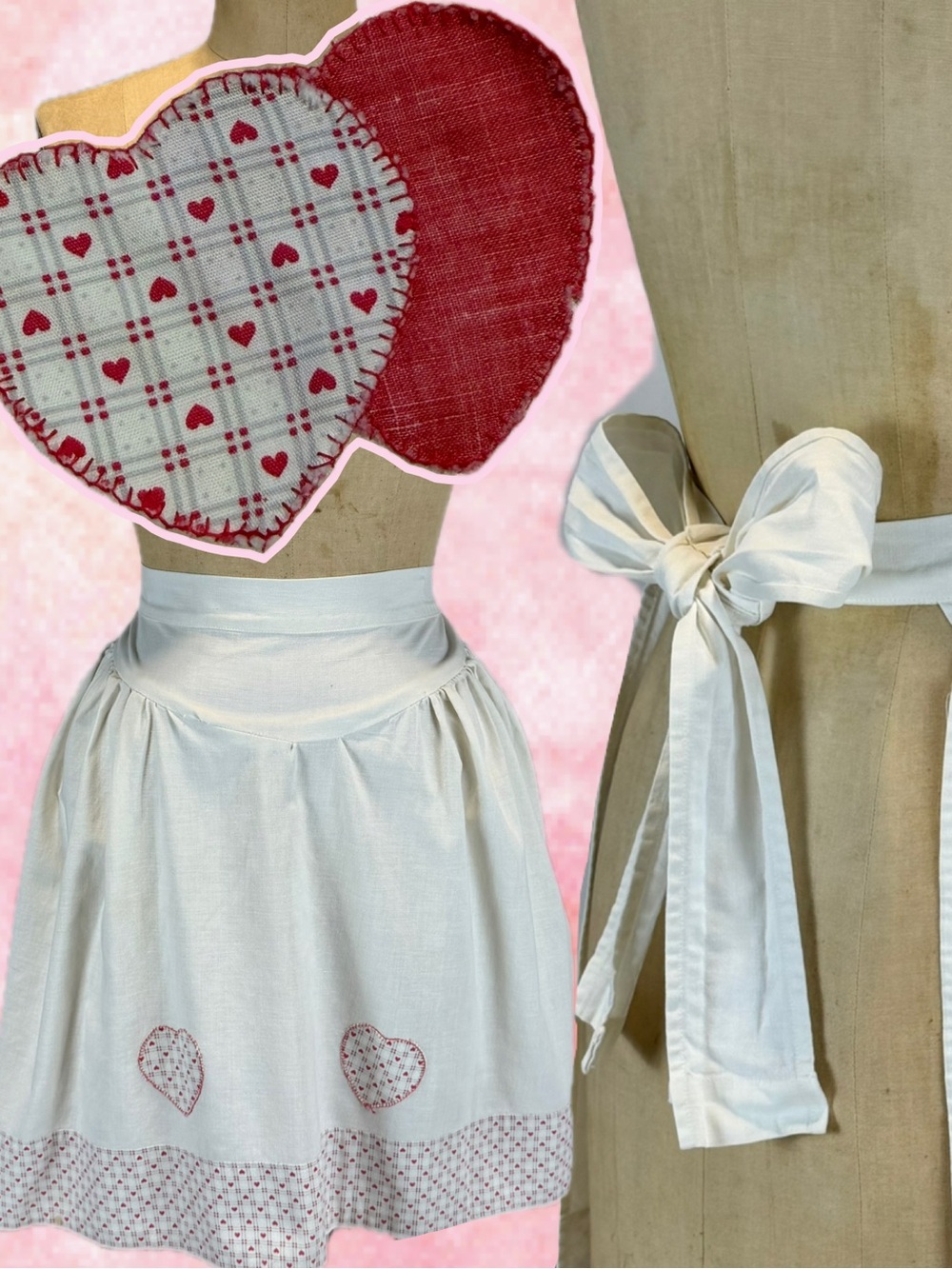 VINTAGE MCM heart appliqué apron farmhouse cottage country kitchen tie back 60s